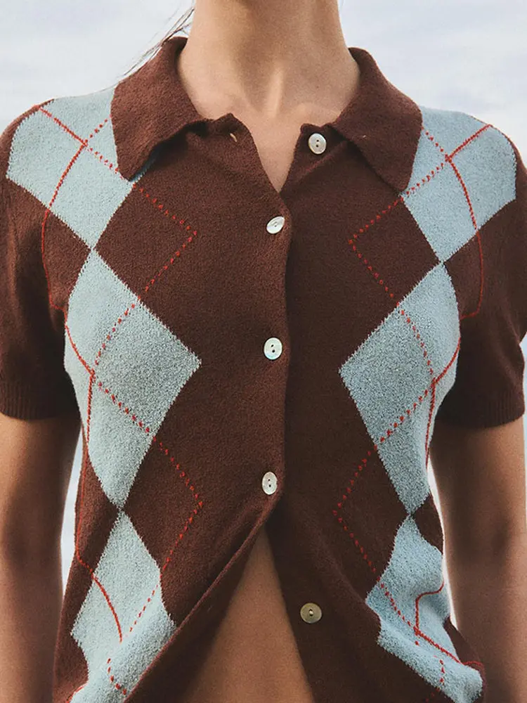 

Spring New Arrival Women's Knitted irt Ne Single Button Diamond Pattern ort Sve Commute Sle Single Piece