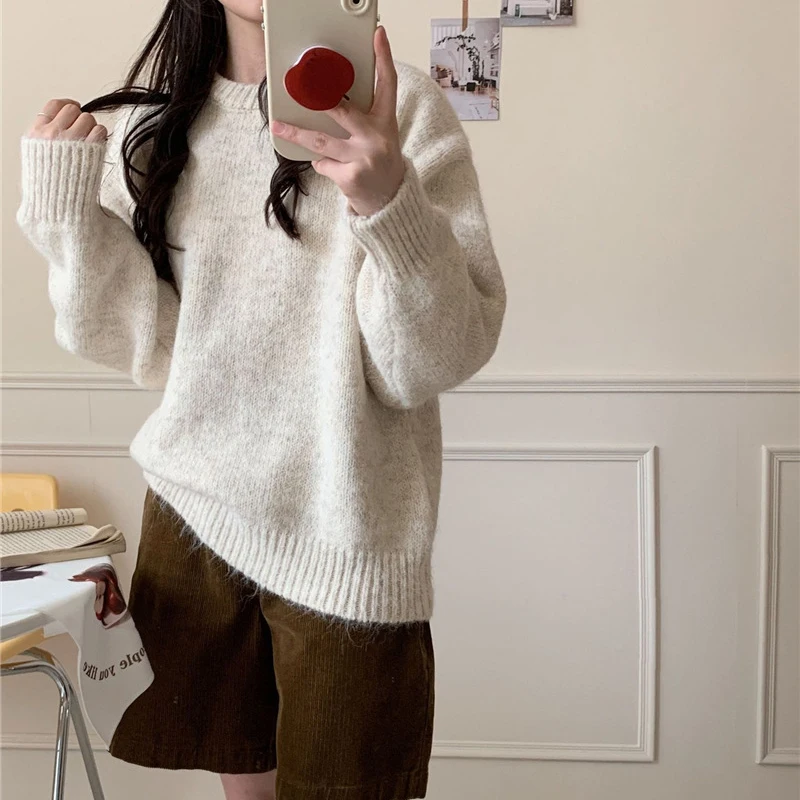 Maglioni lavorati a maglia girocollo color caramello Donna Autunno Inverno Maglieria a maniche lunghe Donna Semplice Pullover maglione allentato tutto abbinato