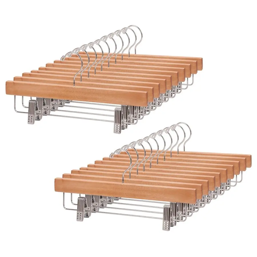 

Pack Wooden Pants Hangers, Wood Skirt Trouser Hanger for Jeans, Slacks, Shorts with 2Adjustable Clips Anti Rust Hook NaturalHL01