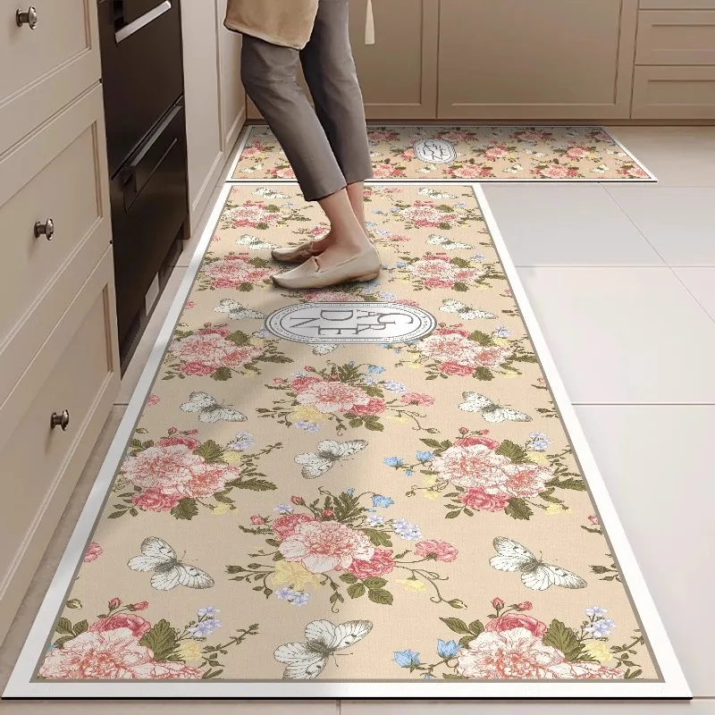 Ideal Kitchen Floor Mat PVC Leather Waterproof Foot Mats Non-slip Oil-proof Washable Rug Graceful Flowers Print Carpet Ковер 러그