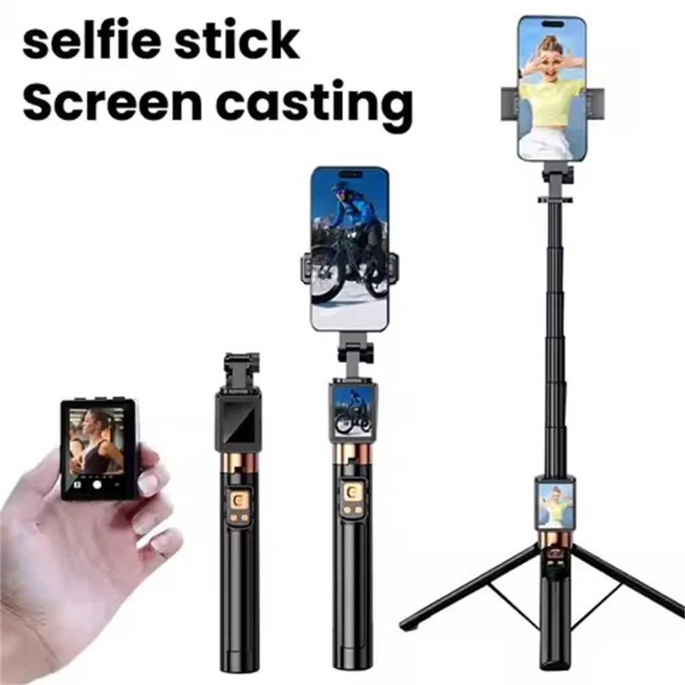 FANGTUOSI Portable Selfie Stick Extendable Tripod Stand with Small Screen Casting Selfie Monitor with Remote for Smartphone