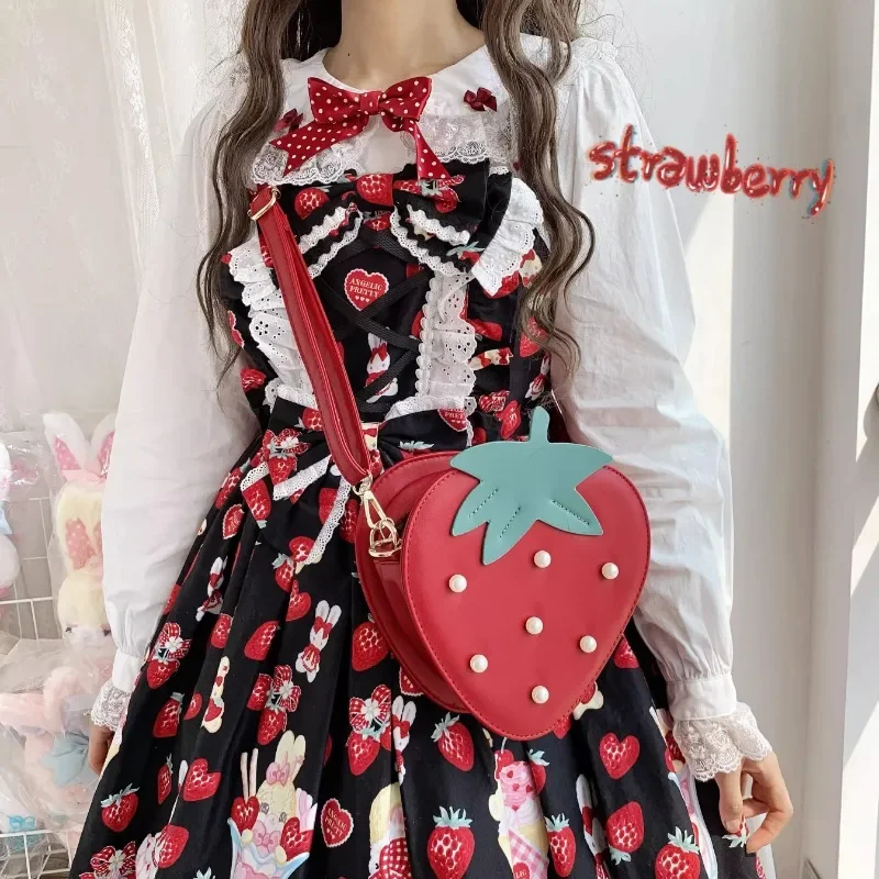 Zimowa torebka Lolita słodka truskawkowa torba Crossbody JK jednolity torebki z koralikami Kawaii dla kobiet elegancka torba na ramię Bolso