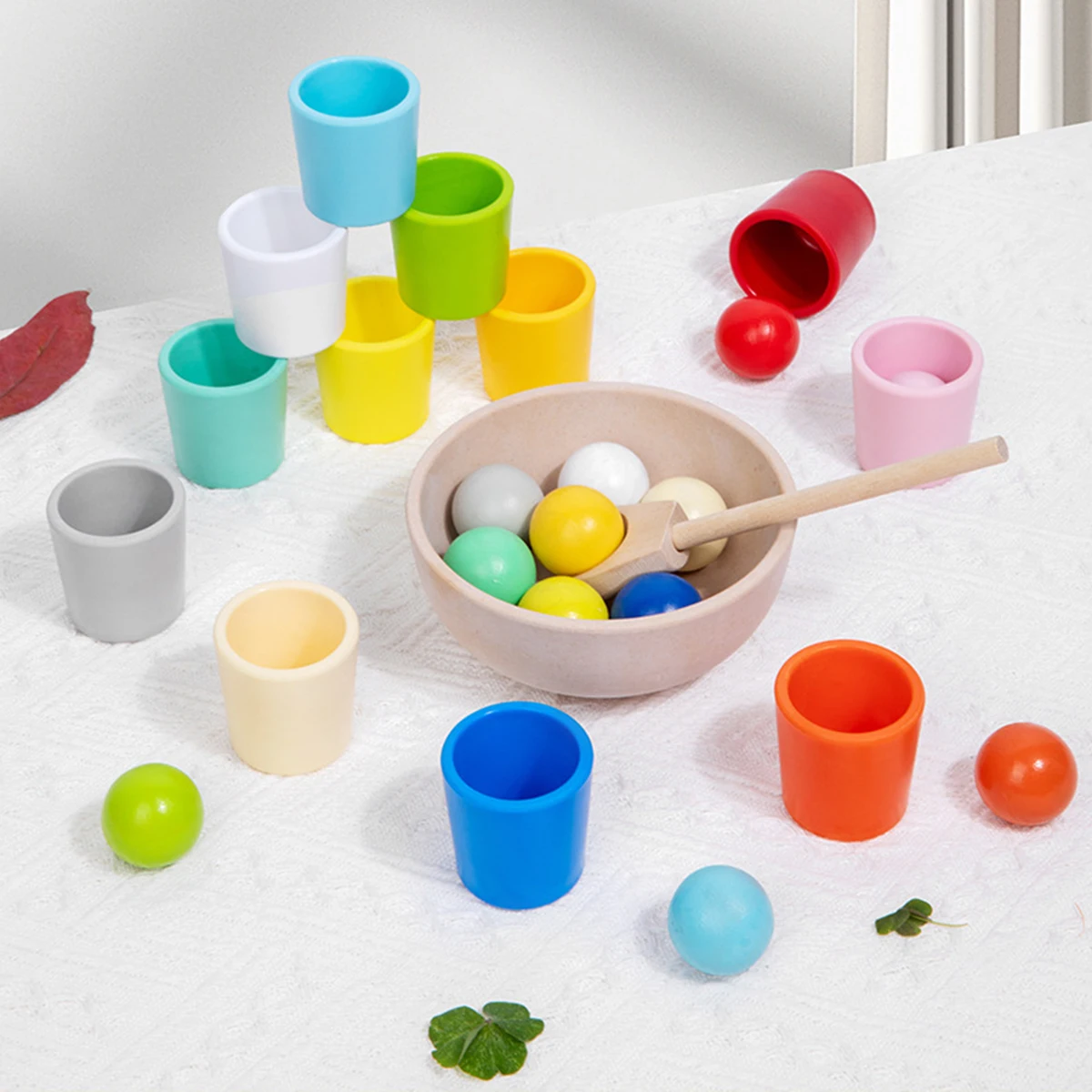 Baby Montessori Wooden Toy Rainbow Ball and Cups Color Sorting Games Fine Motor Early Education Learning Toys Gifts for Children