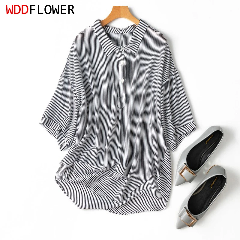 Women Silk Shirt 100% Mulberry Silk White Black Striped Printed Loose Type Half Sleeve Pullover Top Blouse M L XL M1157