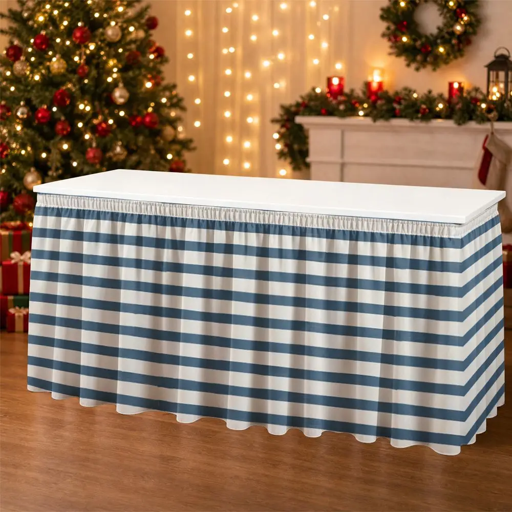 One-piece party table skirt decoration - blue and white horizontal striped ruffled table edge
