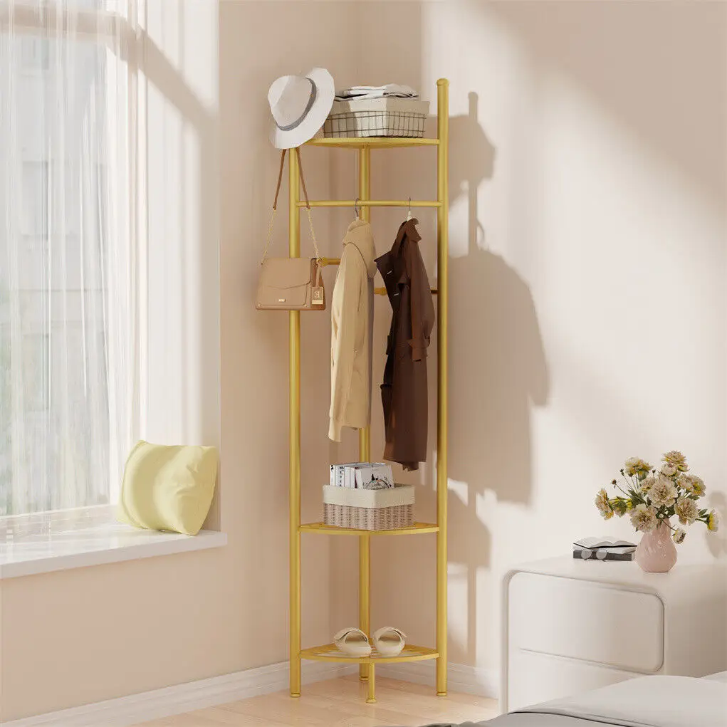 

Metal Corner Coat Stand Clothes Rack with Storage Shelf Free Standing Garment Rack Hall Tree