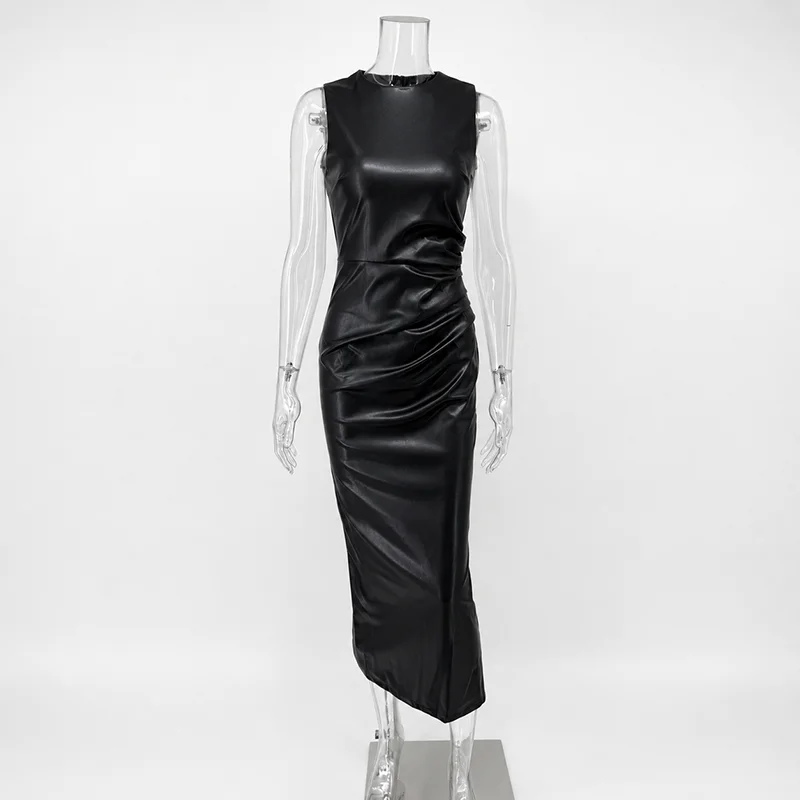 TARUXY Sleeveless Leather Maxi Dress For Women Tight Pleated Sexy Hip-Hugging Dress Vestido Solid High Waist Party Female Dress 12 S8e361ee21d064b70b0bc6c8c7c1deb2a9