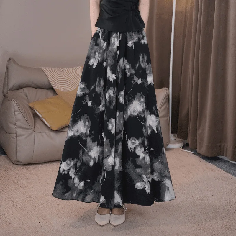 

Ice-Feeling Fabric Floral Draping Casual Wide-Leg Pants Chiffon Culottes Pants Pantskirt