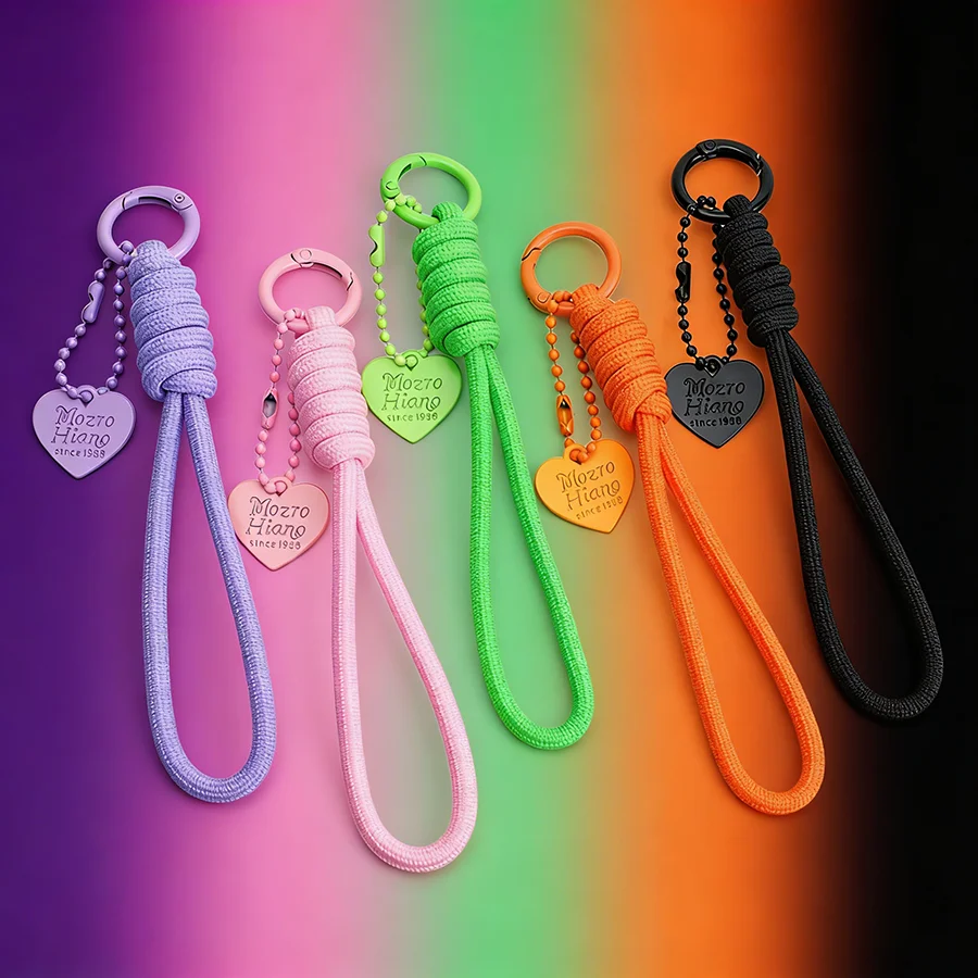 Colorful Heart Weaven Keychain Phone Lanyard Unisex Protable Backpack Car Key Hanging Decoration Daily Casual Couple Accessories