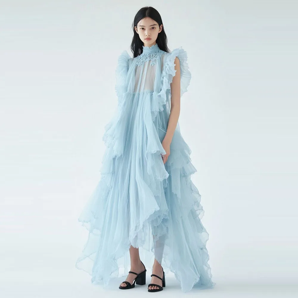 Vestidos de tul azul cielo, cuello alto, mangas con volantes, vestido de verano para vacaciones en la playa, vestidos de fiesta de cumpleaños para mujer
