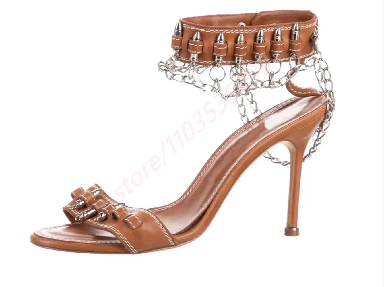 New Catwalk Bullet Chain Roman Sandals 2025 Ladies Stilettos Black/brown Summer Sexy Fashion Party Casual Open Toe Sandals