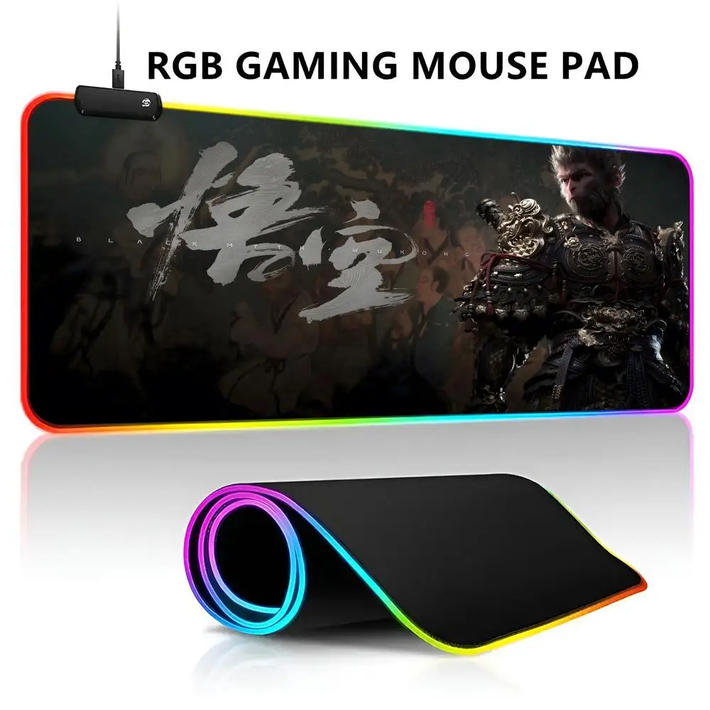 Black Myth Wukong Mouse Pad RGB LED Light Gaming Mousepad Waterproof Large Gamer Mause Keyboard Pad PC Desk Play Mat with Backli