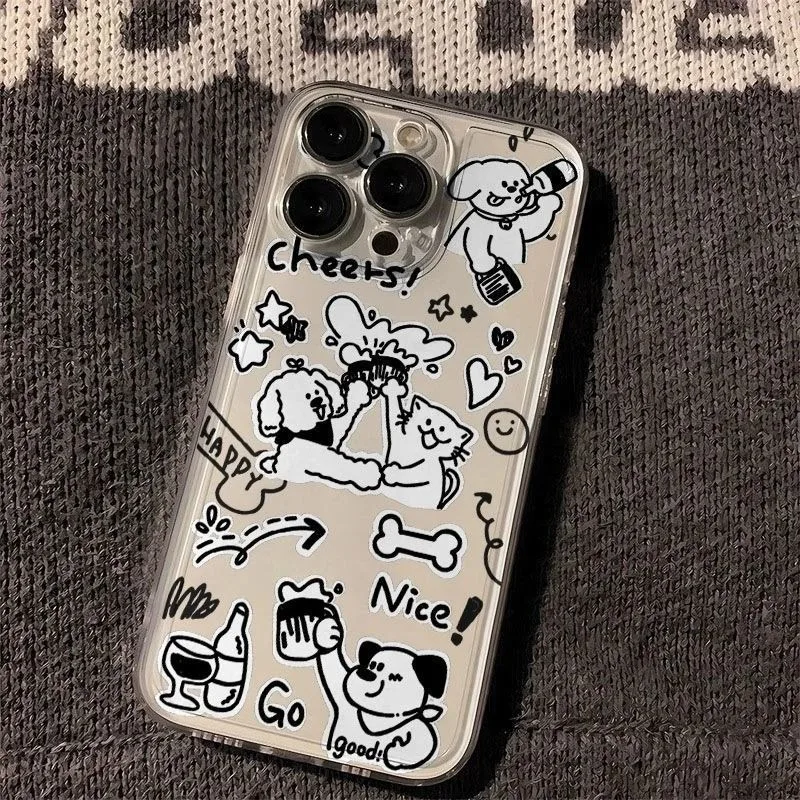 Cute Cheers Dog Cat Doodle Case For iPhone 17 16 15 14 Plus 13 12 11 Pro MAX 16E 17 Air Cartoon Pet Print Clear Soft TPU Cover