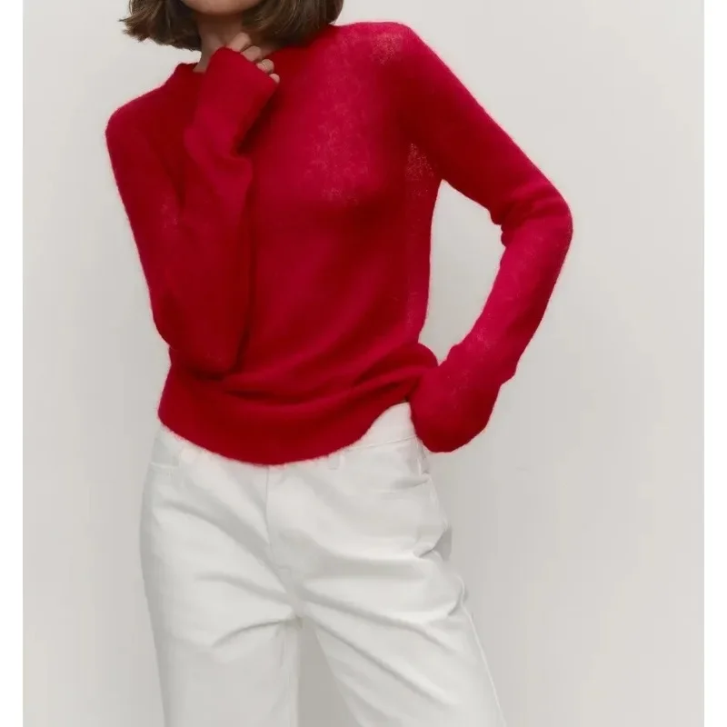 2026 Summer and Autumn New Thin Sweater Blouse Perspective Basic Knitted Sweater Candy Color 6