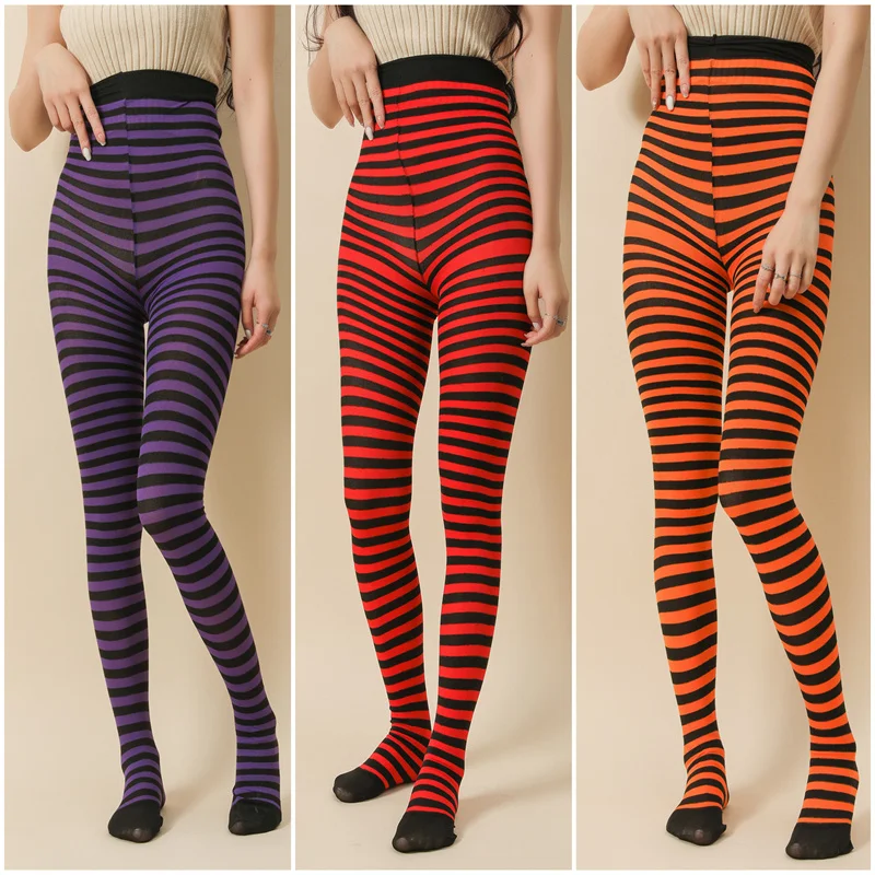 Goth Style Punk Women Striped Pantyhose Rainbow Long Tights Halloween Christmas High Waist Cosplay Stocking Elastic Slim Legging