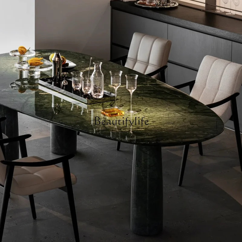 Natural green oval dining table Modern simple Italian luxury stone round dining table