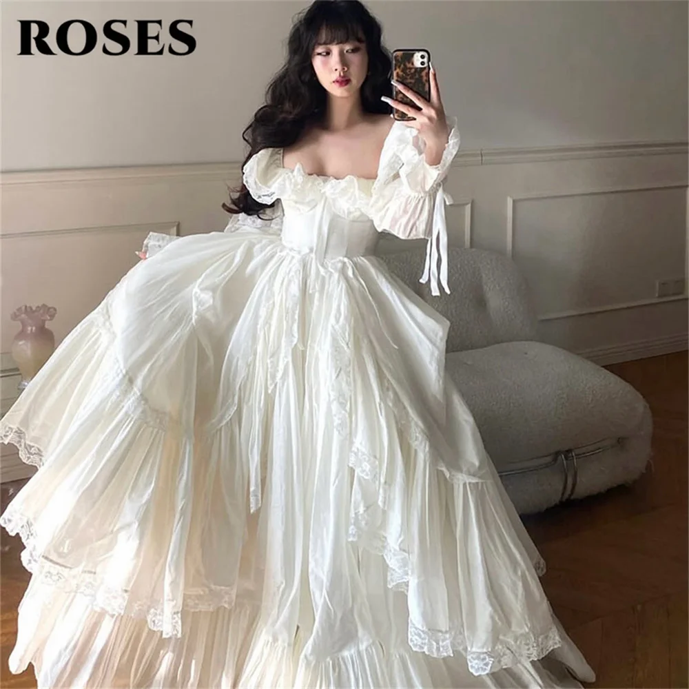 ROSES White Party Dress Square Neckline Night Dress with Voluminous Puffed Sleeves and Tiered Ruffles Prom Dresses Customized