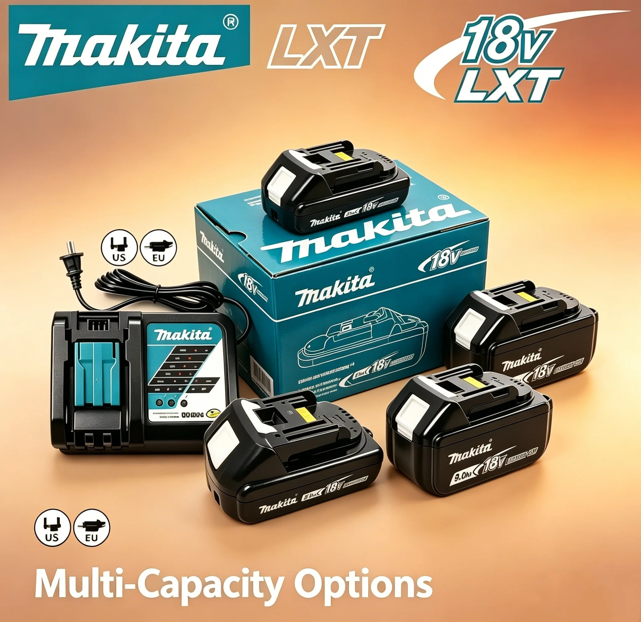 Original Makita 18V 3.0Ah/6.0Ah/9.0Ah Battery + DC18RC Fast Charger Kit, Compatible with 18V LXT Cordless Tools