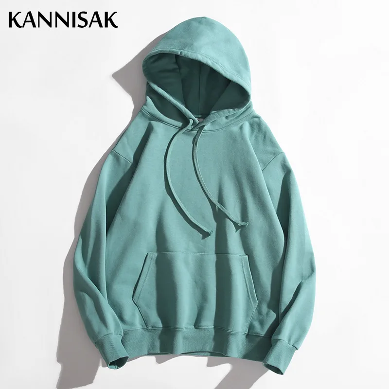 KANNISAK Oversize Mens and Womens Hoodies Spring Autumn 2022 Solid Loose 100% Cotton Harajuku Hodded Sweatshirt Couple Pullovers