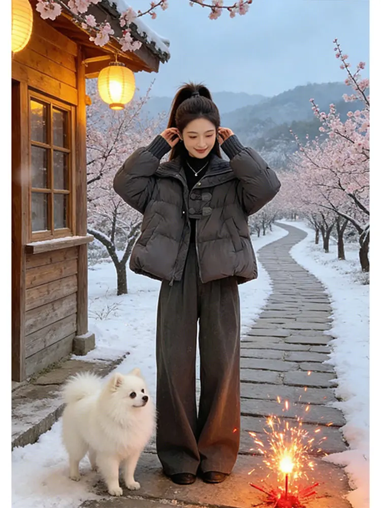 

Winter Thiened Knitted Stand Collar down Cotton Jaet Women's Faionable Warm Outerwear Coat Korean Sle Loose Fit