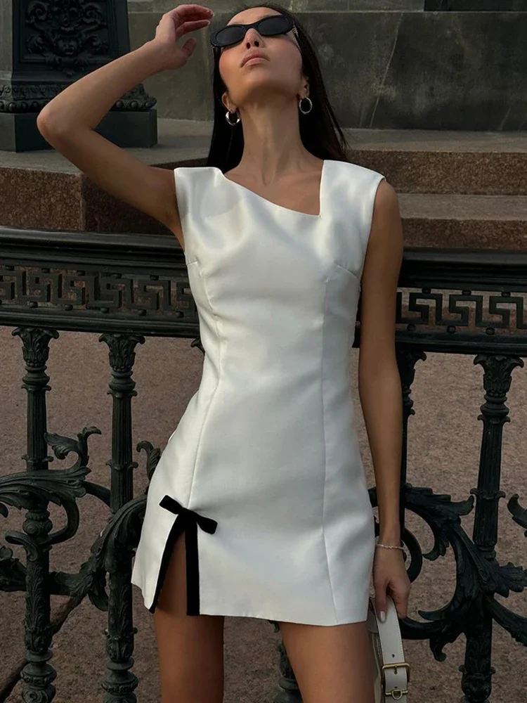 Trendix Vestido de noche de satén para mujer, vestido corto ajustado con lazo y abertura lateral, vestido elegante con contraste de cintura alta y cuello inclinado