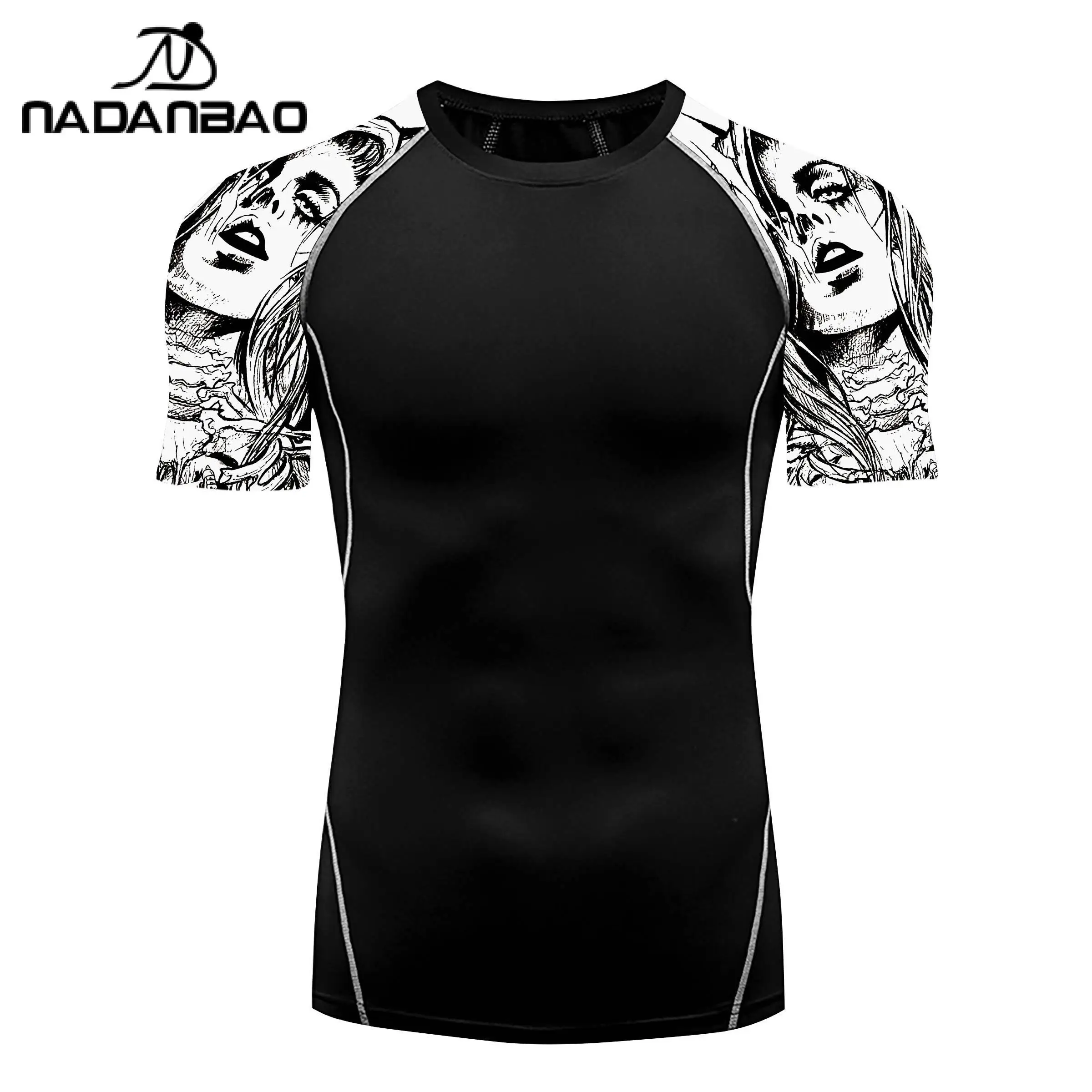 Nadanbao Men Casual Swimsuits T-Shirt Animation Printing Black Fashion Tops Beach Swimwear Gym Fitness Bodysuit Surfing Wetsuit