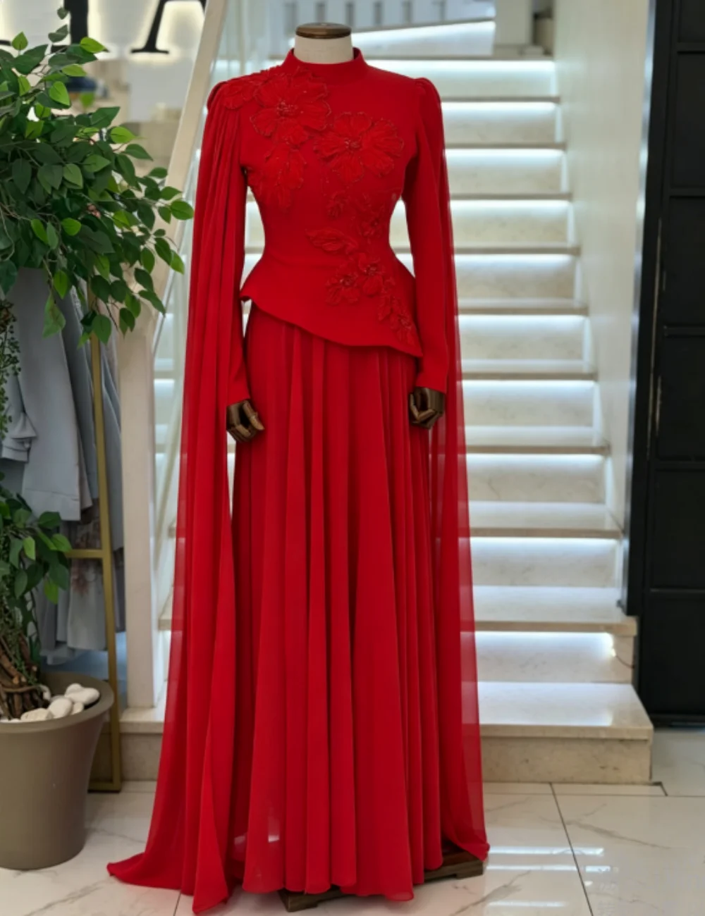 Customized High Quality Chiffon Pleat Lace Sequined Pattern A-line High Collar Long Bespoke Occasion Evening Dresses