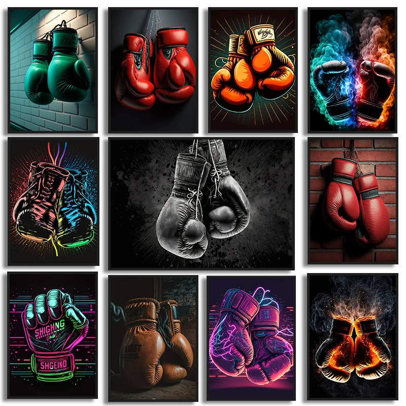 (No frame)Black Cool Boxing Gloves Boxing Fitness Gloves Aesthetics Poster and Mural Art Canvas Painting Boxing Gym Boys' Roo