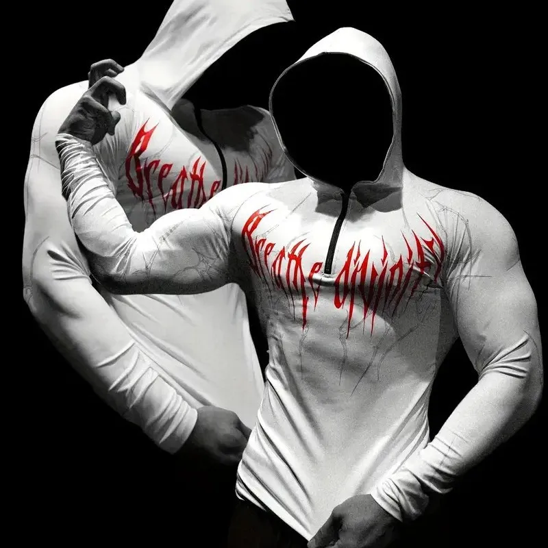 

2025 Men's Hooded Compression Shirt, Graphic Print Semi Zip Quick Dry Gym Wear, Fitness Streetwear