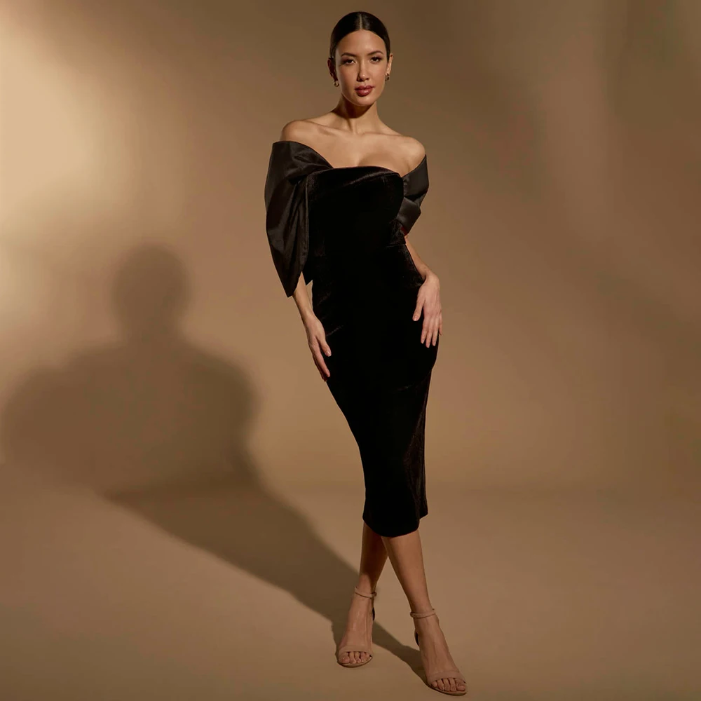 

Column Cocktail Gowns Midi Off the Shoulder Black Velvet Tea Length Short Formal Party Dresses for Women