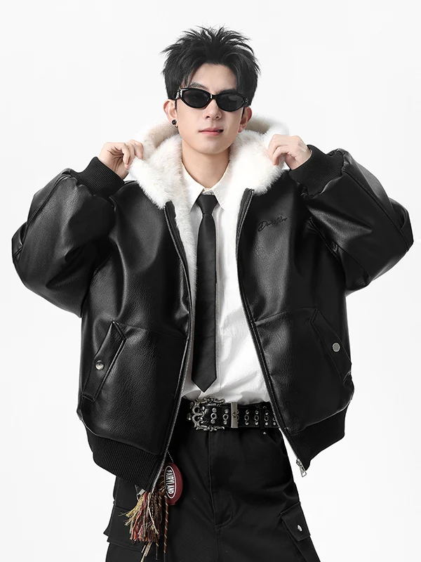 

Warmth Men's PU Leather Hooded Jaet Lamb Velvet Motorcycle Sle Winter Coat Cotton Filling Trendy Brand GPOUHO Z50