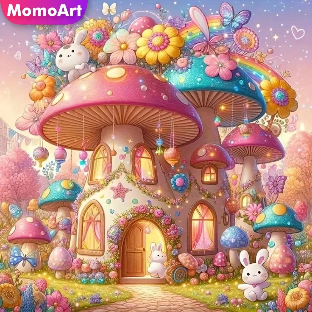 Momoart Diamant-Stickerei Pilzhaus-Landschaftsmalerei-Sets Vollquadratische und Runde Diamant-Mosaik-Cartoon-DIY-Sets für Kinder-Hobbys