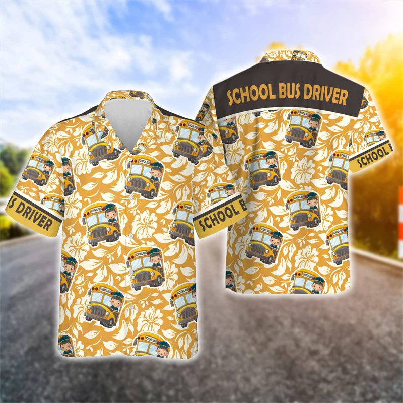 School Bus 3D Printed Shirts For Men Clothes Cartoon Car Driver Graphic Beach Shirt Funny Gift Aloha Lapel Blouse Hawaiian Tops