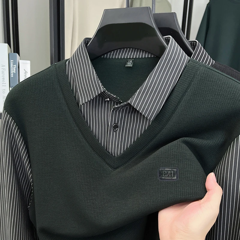 الخريف والشتاء سترة صوف وهمية قطعتين الرجال موضة الاتجاه الأكثر مبيعا تي شيرت بأكمام طويلة البلوز #4