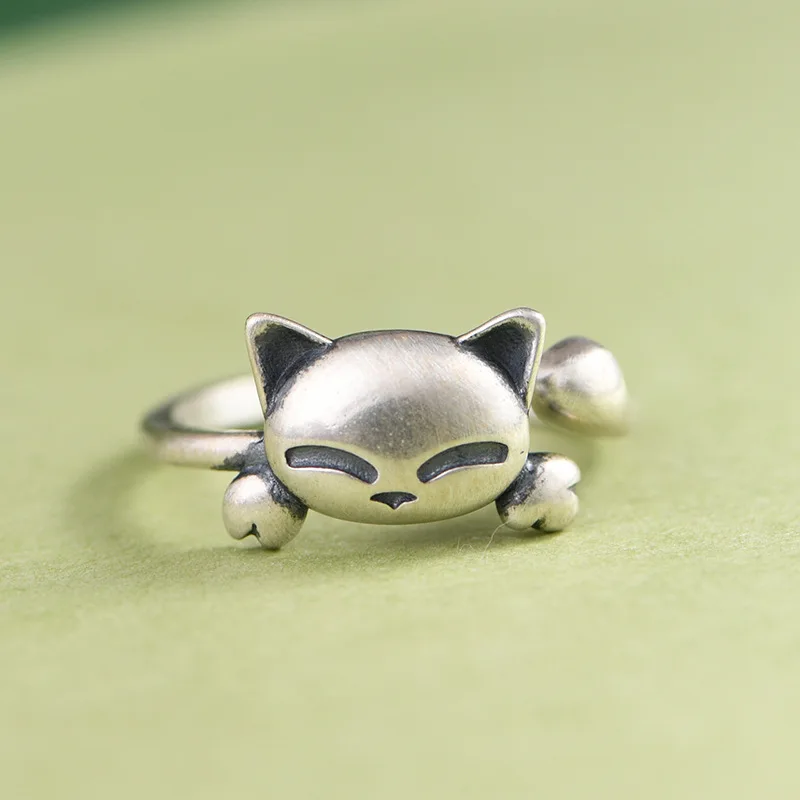 BOCAI New S925 Silver Ring Retro Simple Fashionable and Stylish Cat Engagement Ring Women's Choice Gift