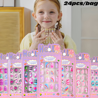 24Pcs/Box Pink Unicorn Children Press On Nails Candy Color Rainbow Stripe Polka Dots Full Cover Kids Nails False Nail Decoration