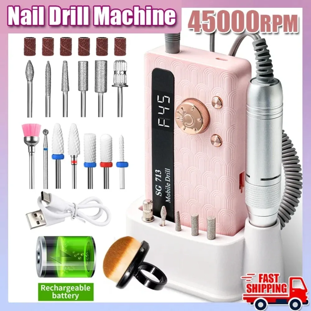45000RPM Rechargeable Nail Drill Machine Professional Portable Electric Manicure File for Nails Gel Polish Remove Grinding