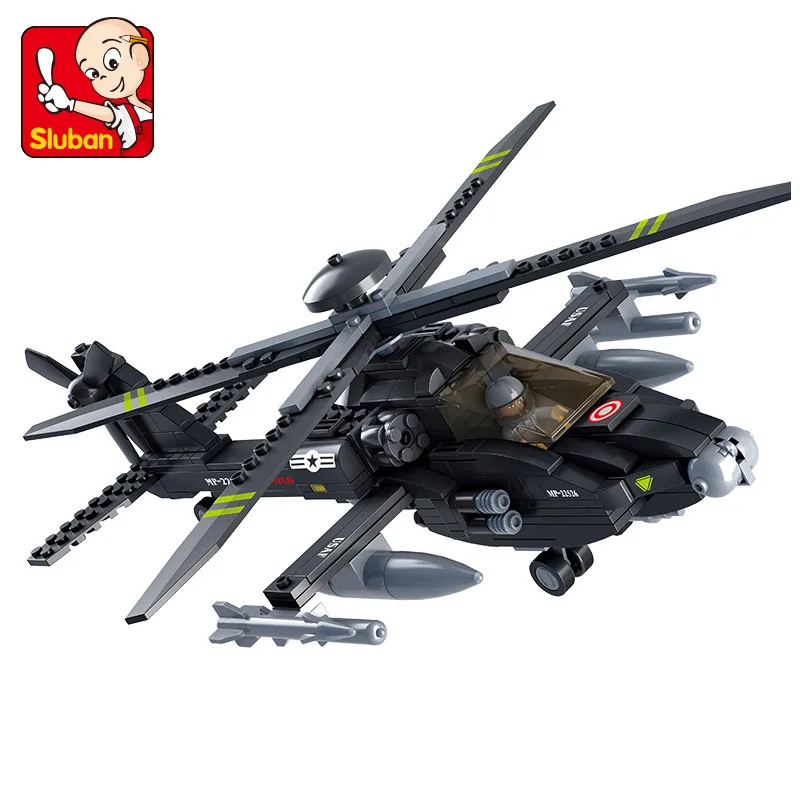 Sluban WW2 Military Boeing AH-64 Helicopter Gunships Building Blocks Kids Plane Educational Bricks Toys Model Gift For Boys