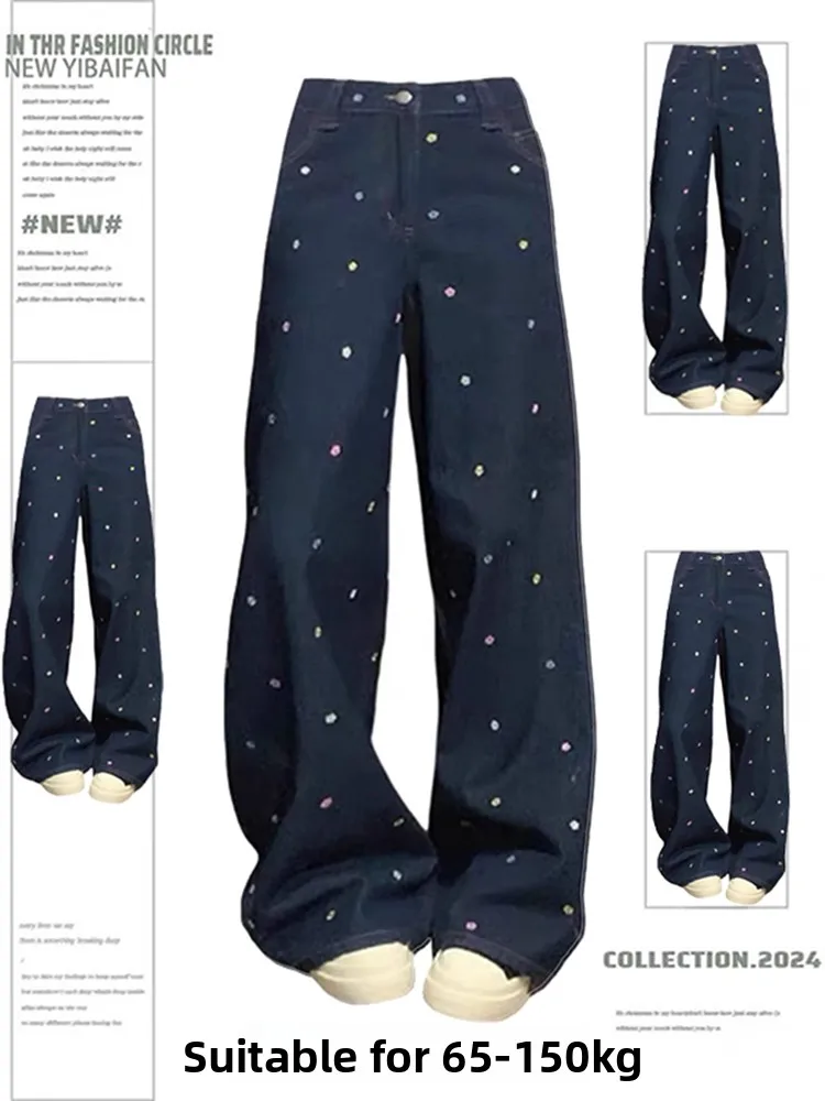 

Slimming Embroidered Straight Leg Jeans Women's plus Size Wide Leg Long Pants Spring New Sle Comfortable Casual High Waist