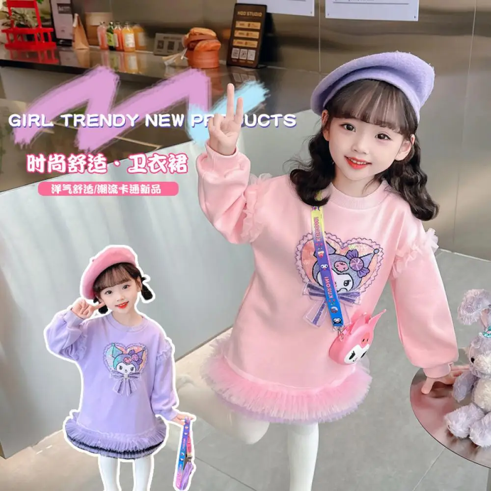 Sanrioed Kids Anime Hoodie Kuromi Sweatshirt Girls Spring Fashion Kawaii Casual Cute Fleece Tops Cartoon Child Clothes with Bag