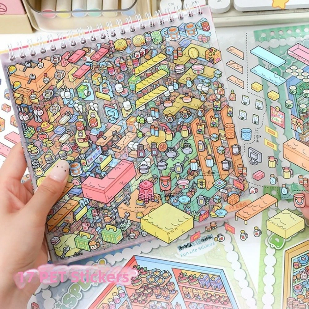 

New Shop Scene Cabin Scene Sticker Large Size 10 Scenes 28 Sheets Scenery Stickers Die Cut PET 3D Stacking Sticker Children