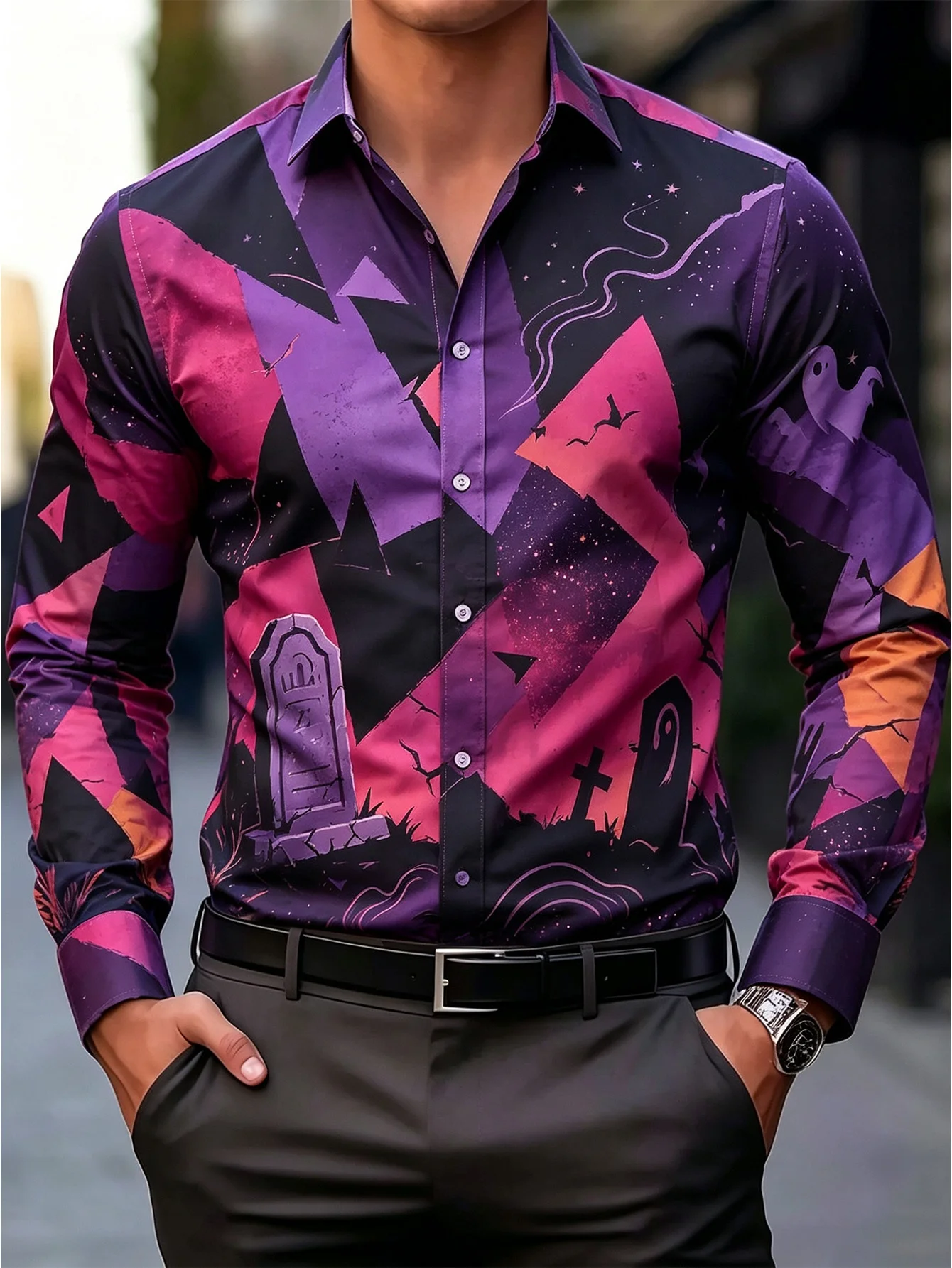 Men Long Sleeve Button Down Shirt Purple Pink Halloween Tombstone Ghost Bat Print Polyester Lapel Collar Party