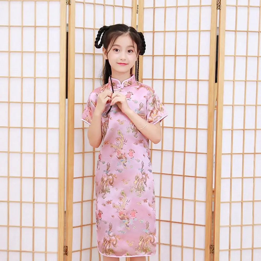 Autumn Dragon Phoenix Pattern Silk Niche Design Girls Skirt Girls Cheongsam Chinese Style Dress  Traditional Dress Qipao