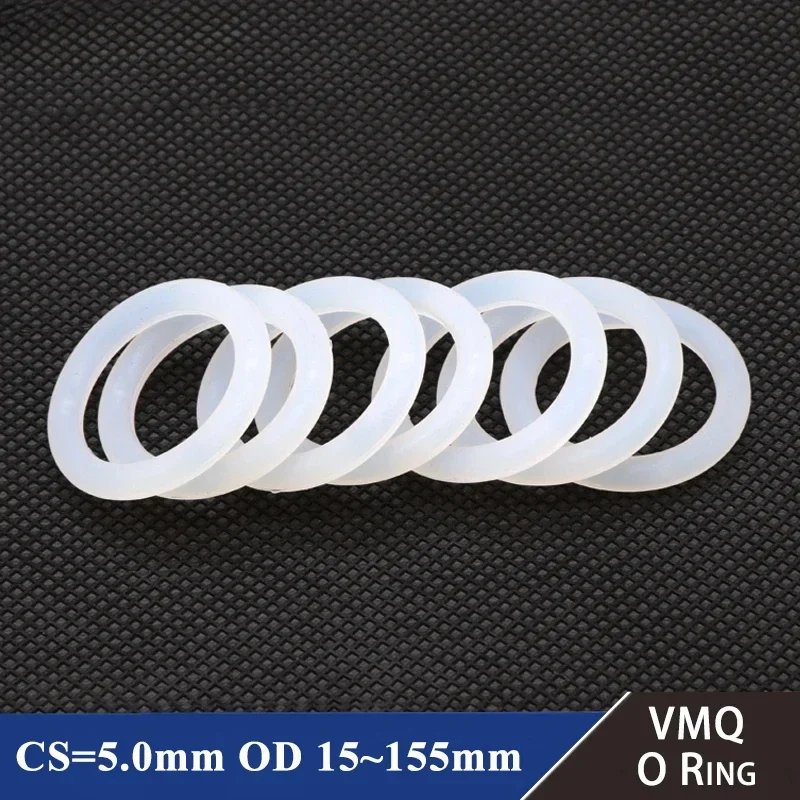 10Pcs VMQ O Ring Gasket CS 5mm OD 15 ~ 155mm Waterproof Washer Silicone Rubber Insulate Round O Shape Seal White Food Grade