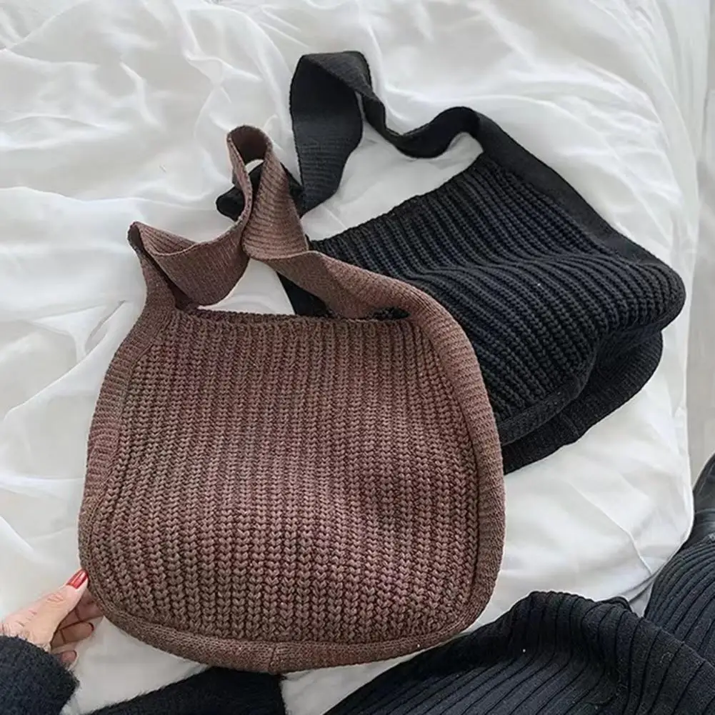 Women Knitting Shoulder Bag Large Capacity Handmade Knitted Solid Color Vintage Tote Bag Shopping Bag bolso mujer сумка женская