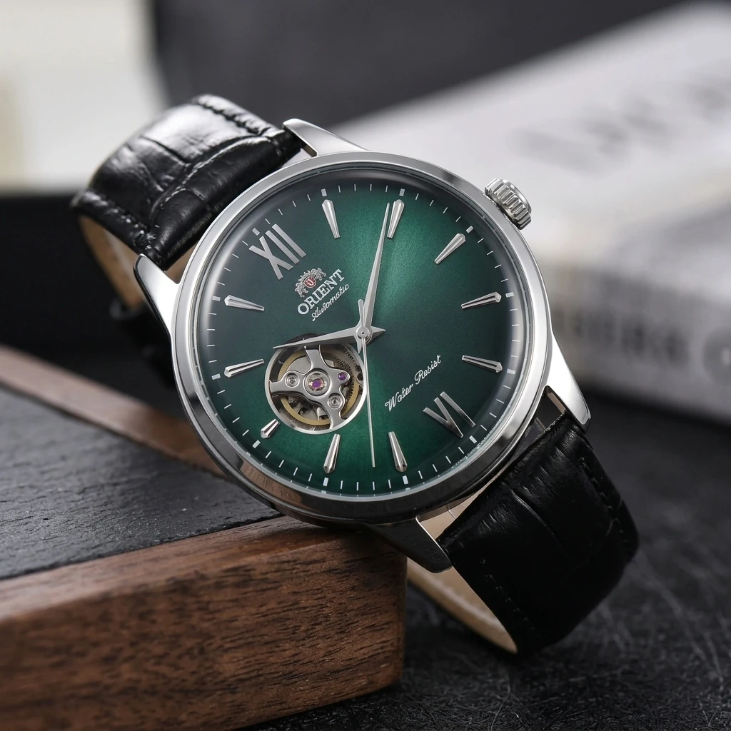 Orient Men Open Heart Skeleton Automatic Watch Green Dial Leather Strap Waterproof Business Formal Mechanical Wristwatch view 3