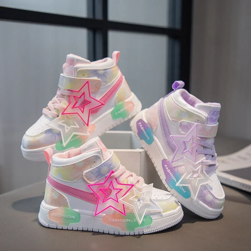 Fashionable High-top Sneakers for Children Girls Princess Casual Shoes Color-block Running Shoes for Students Kid Outdoor Hiking