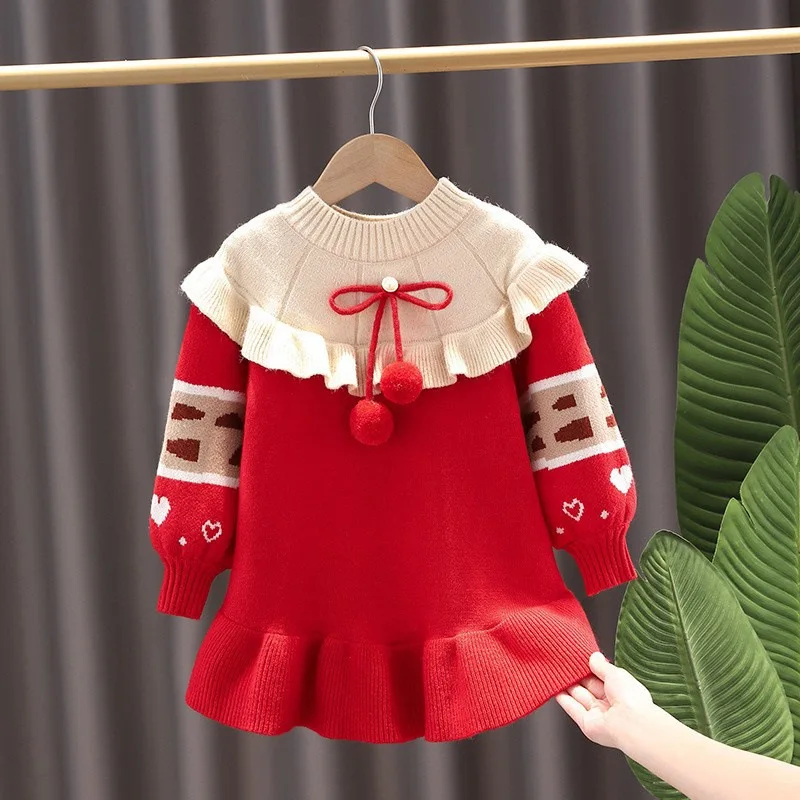 Girls winter sweater princess dress knitted autumn toddler baby girl clothing children clothing lovely