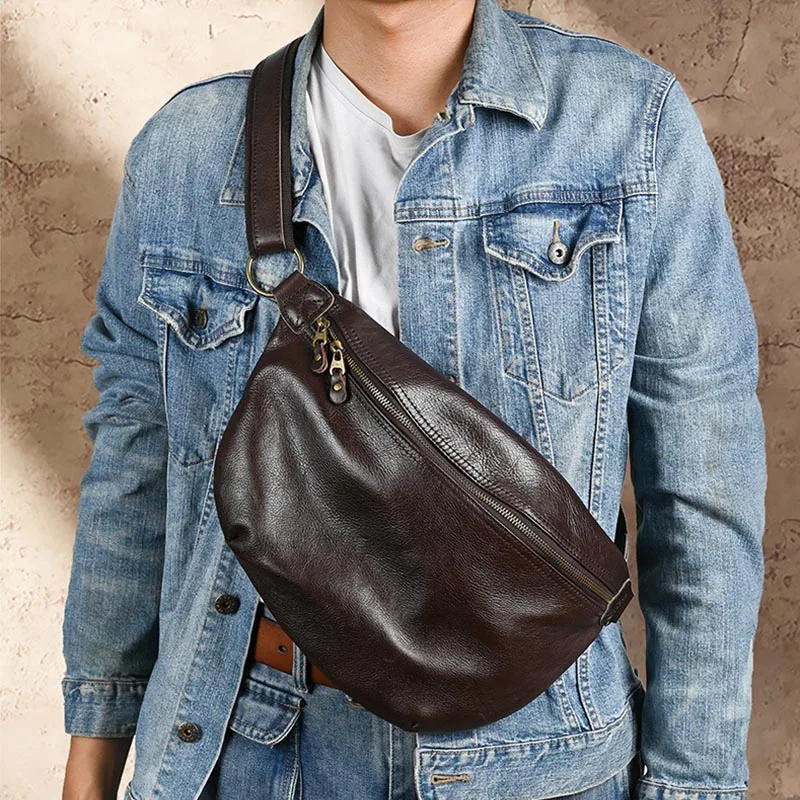 

Men Single Shoulder Chest Bags Vintage Brown Genuine Leather Sling Bag Adjustable Strap Zipper Closure Casual Phone Packs
