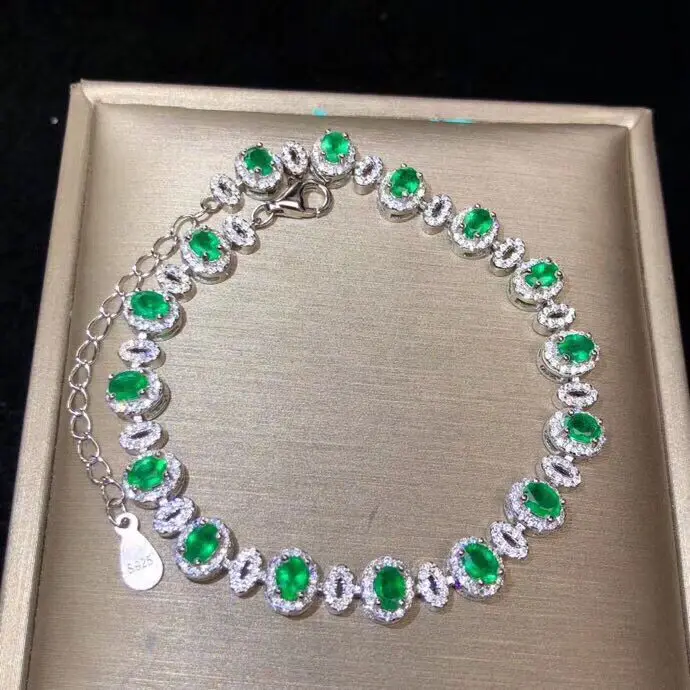 Silver Emerald Bracelet for Office Woman 3mm*4mm 16pieces  Natural Emerald Sappire 925 Silver Bracelet with 3 Layers Plating